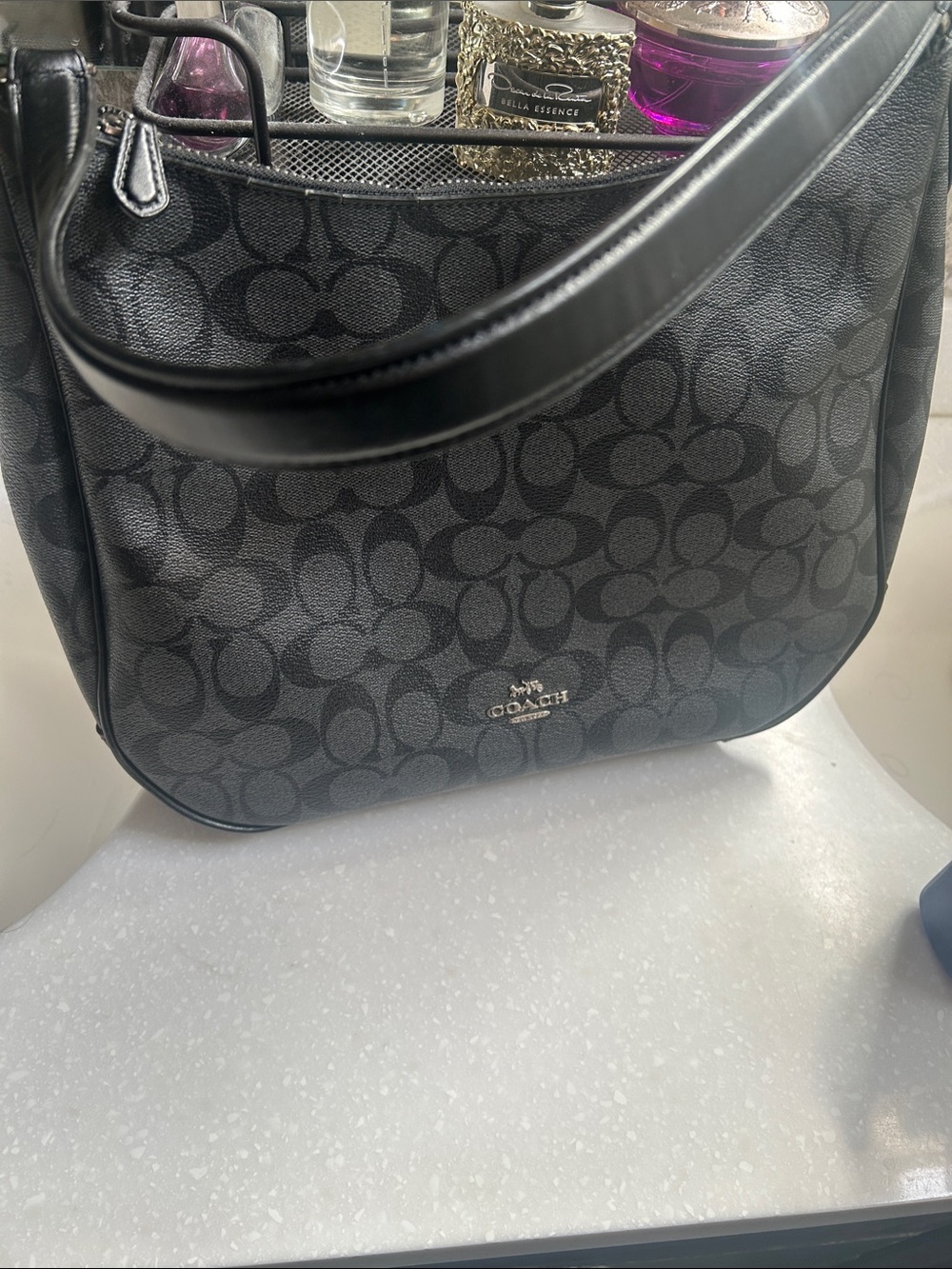 Coach Black Signature Monogram Shoulder Bag with Silver Logo